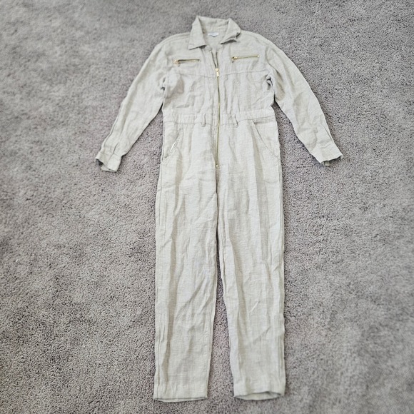 We Wore What Womens Linen Utility Jumpsuit Size M Boiler Suit Zip Front Neutral - Picture 3 of 12